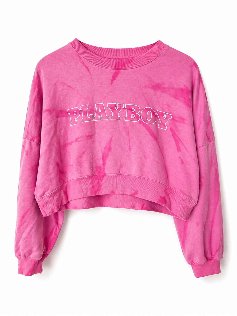 Playboy Pink Graphic Cropped Sweatshirt Small Y2K Tie Dye Crewneck Streetwear